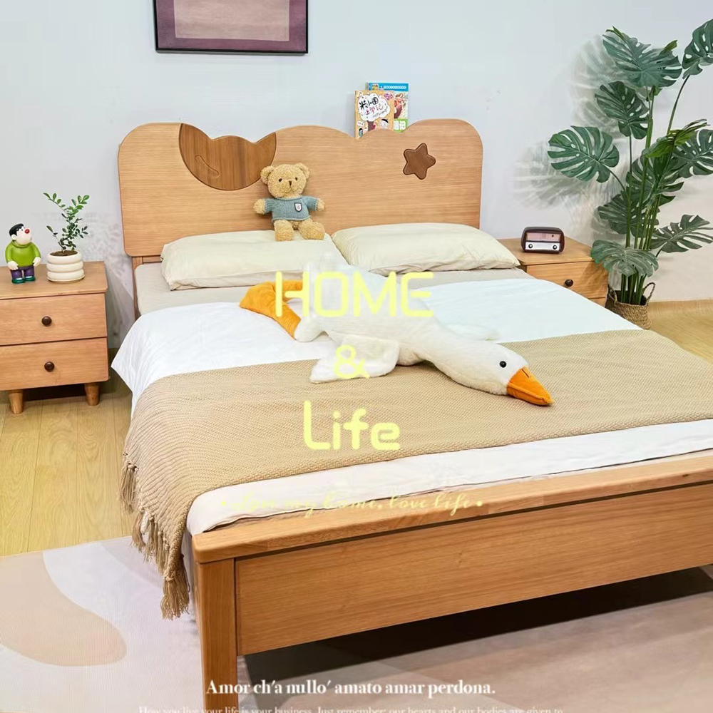 Nordic-style solid wood children’s bed in cherry finish—a natural, cartoon...