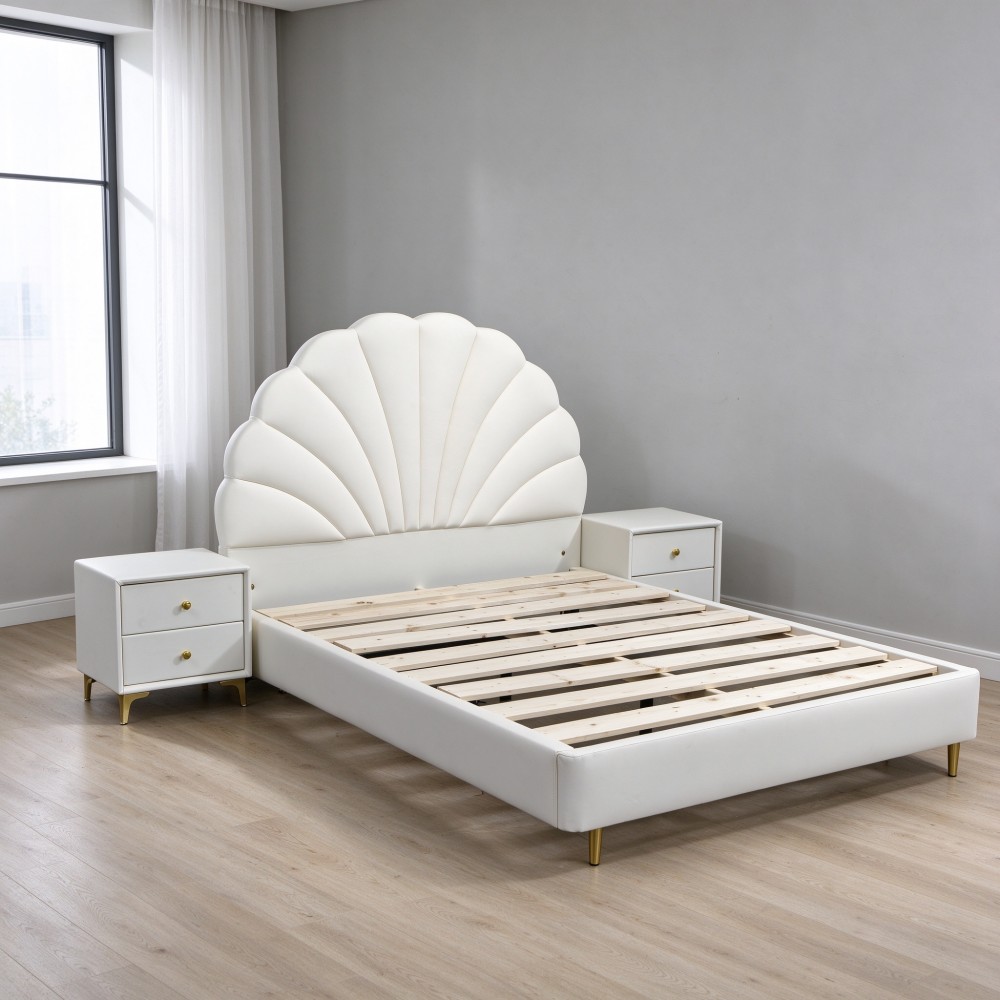 French Cream-Style Storage Bed with Petal-Shaped Upholstery – Modern Minimal...