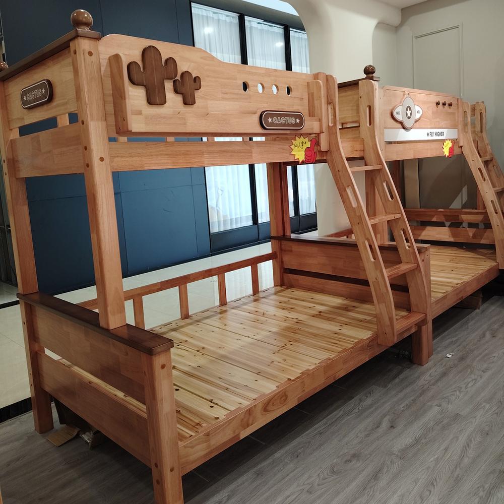 Minimalist solid oak bunk bed for children—suitable for home use.</trp-post-...