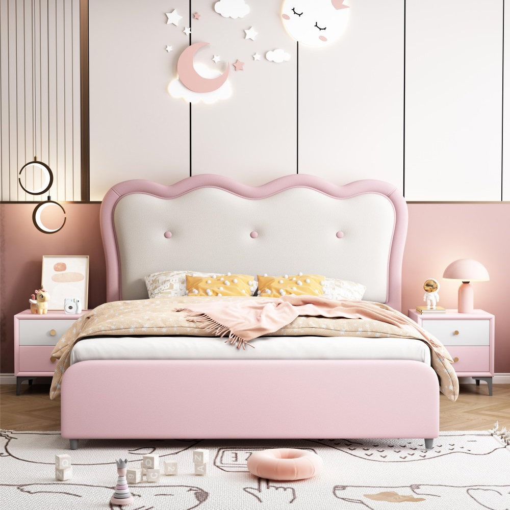French Cream-Style Pink Princess Bed for Girls – Modern Light Luxury Design<...