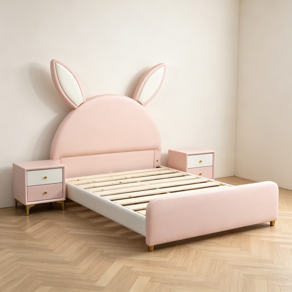 Rabbit-themed solid wood storage bed for children and girls (princess style)</...