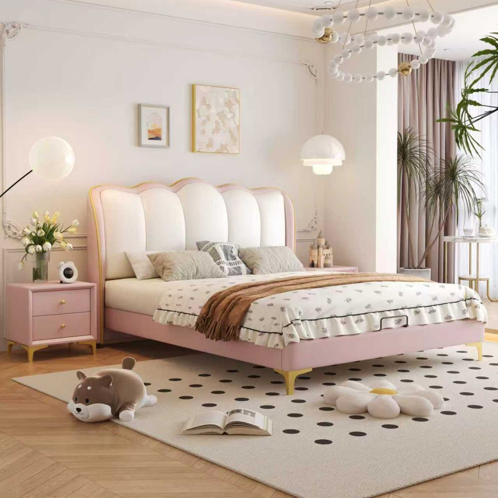 Cream-Style French-Inspired Petal-Shaped Upholstered Bed – Solid Wood Bed fo...