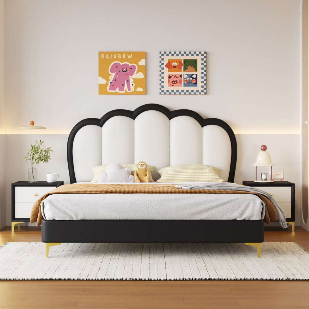 Modern minimalist storage bed with pink petal-themed design for a girl’s...