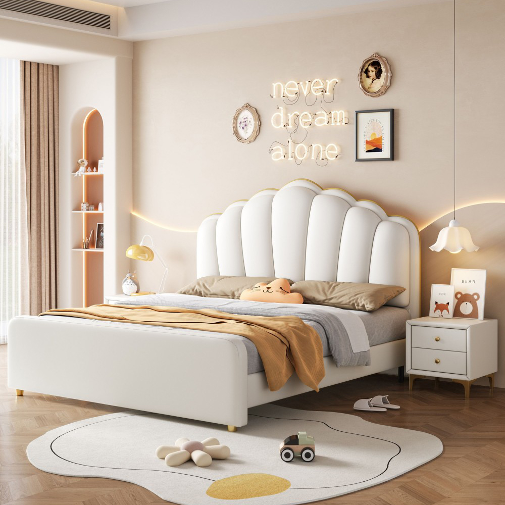 Cream-Style Shell-Design Genuine Leather Bed – Modern Minimalist Upholstered...