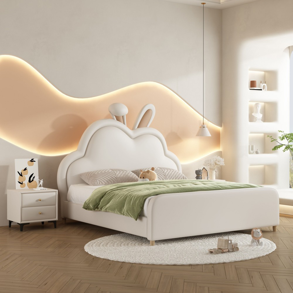 Cartoon Rabbit & Cloud-Themed Princess Bed for Kids – 1.5m Cream-Style U...