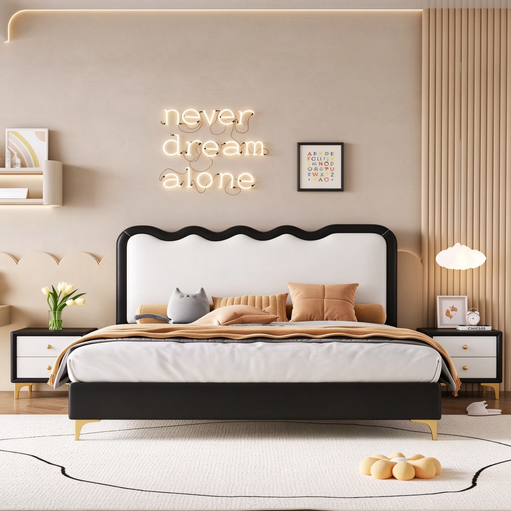 Ripple-Wave Bed – Cream-Style Master Bedroom Double Bed – Modern Minimalis...