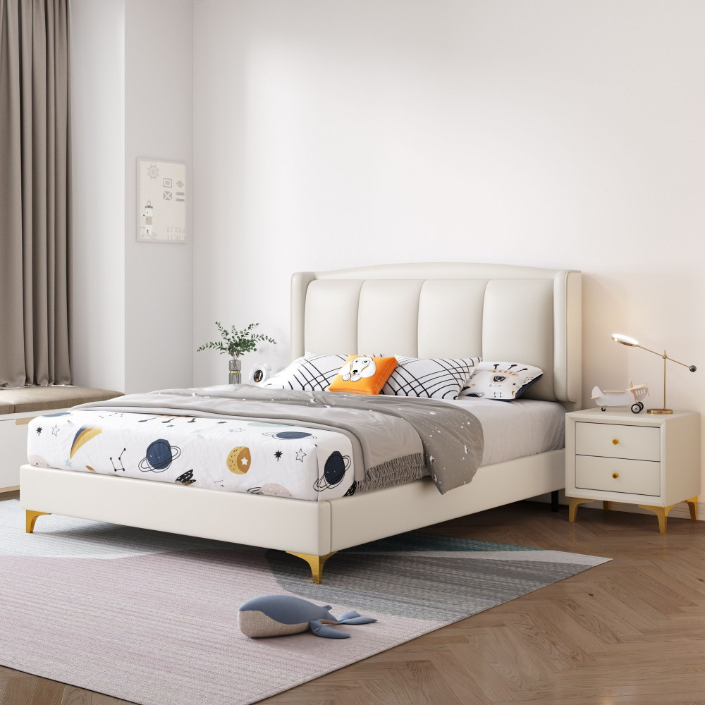 Minimalist modern upholstered bed for boys—1.5m leather bed, perfect for chi...