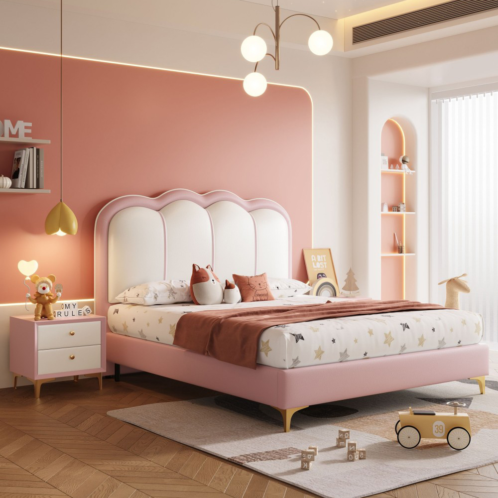 Minimalist Cream-Style Upholstered Bed for Kids – Features a Padded Headrest...