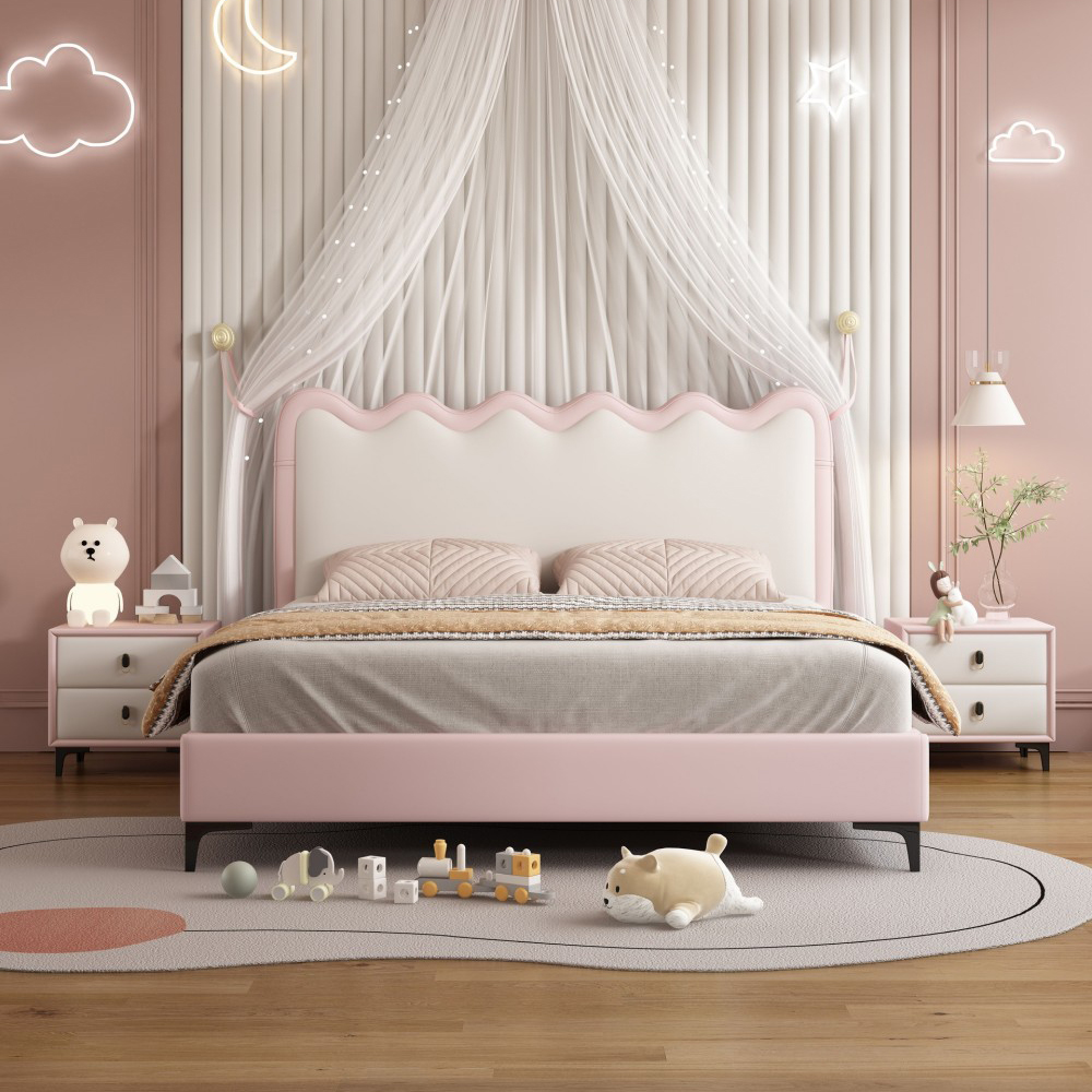 Cream-Style Children’s Bed with Wavy Design – Genuine Leather, Hydraulic S...