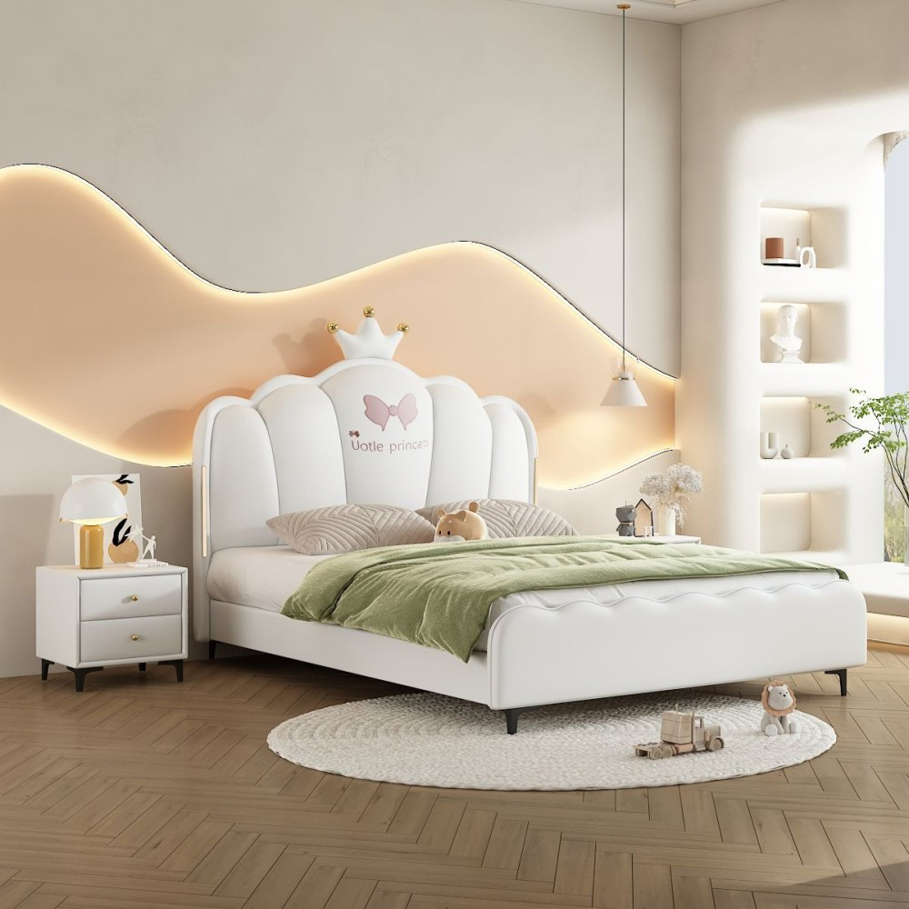 Dreamy Crown Princess Bed for Girls – 1.5m Upholstered Bed with Built-in Lig...