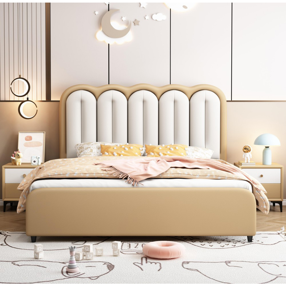 Modern Minimalist French Cream-Style Upholstered Leather Bed with High Padded ...