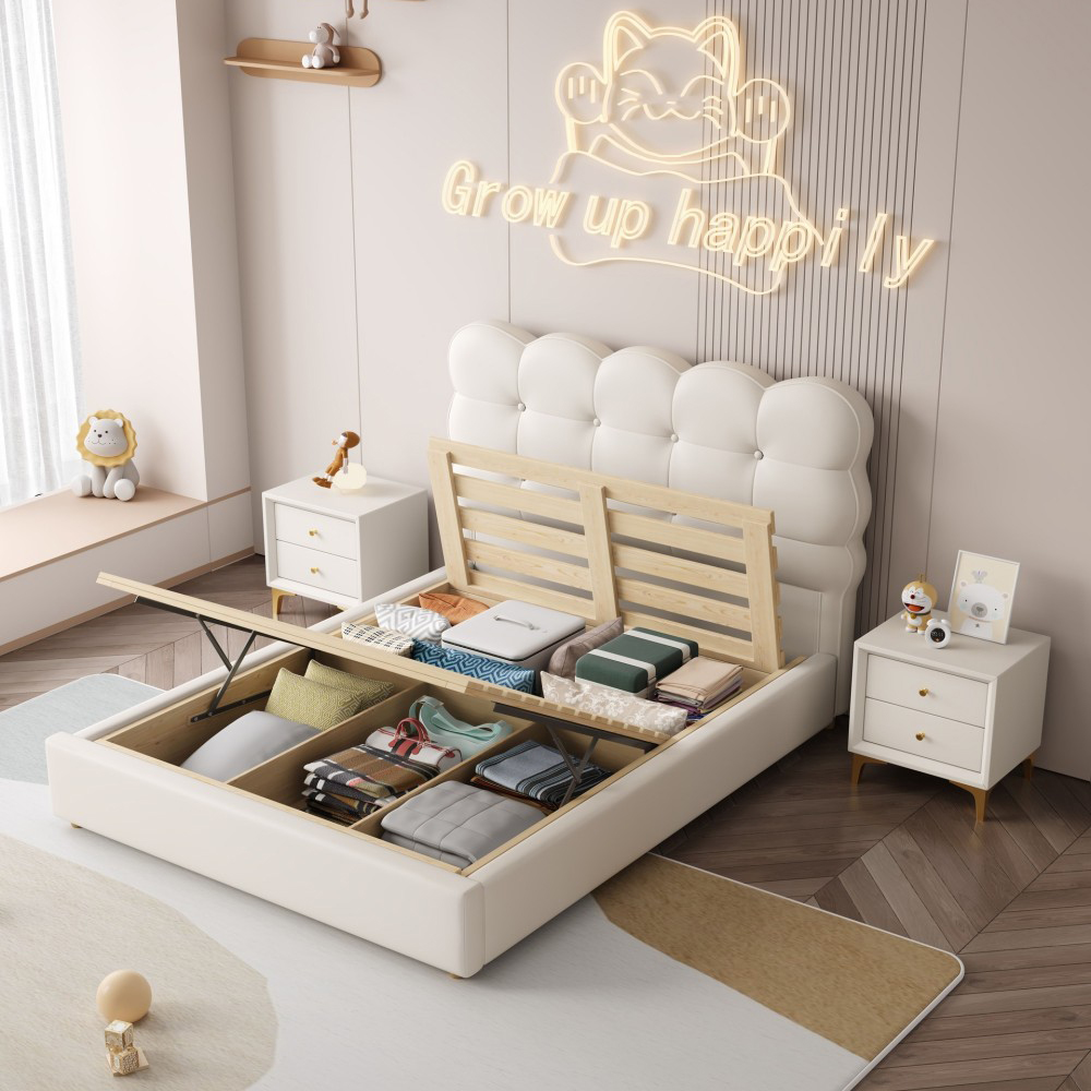 Girls’ Bed (1.5m/1.8m) – Genuine Leather Double Bed, Cream-Style Princ...