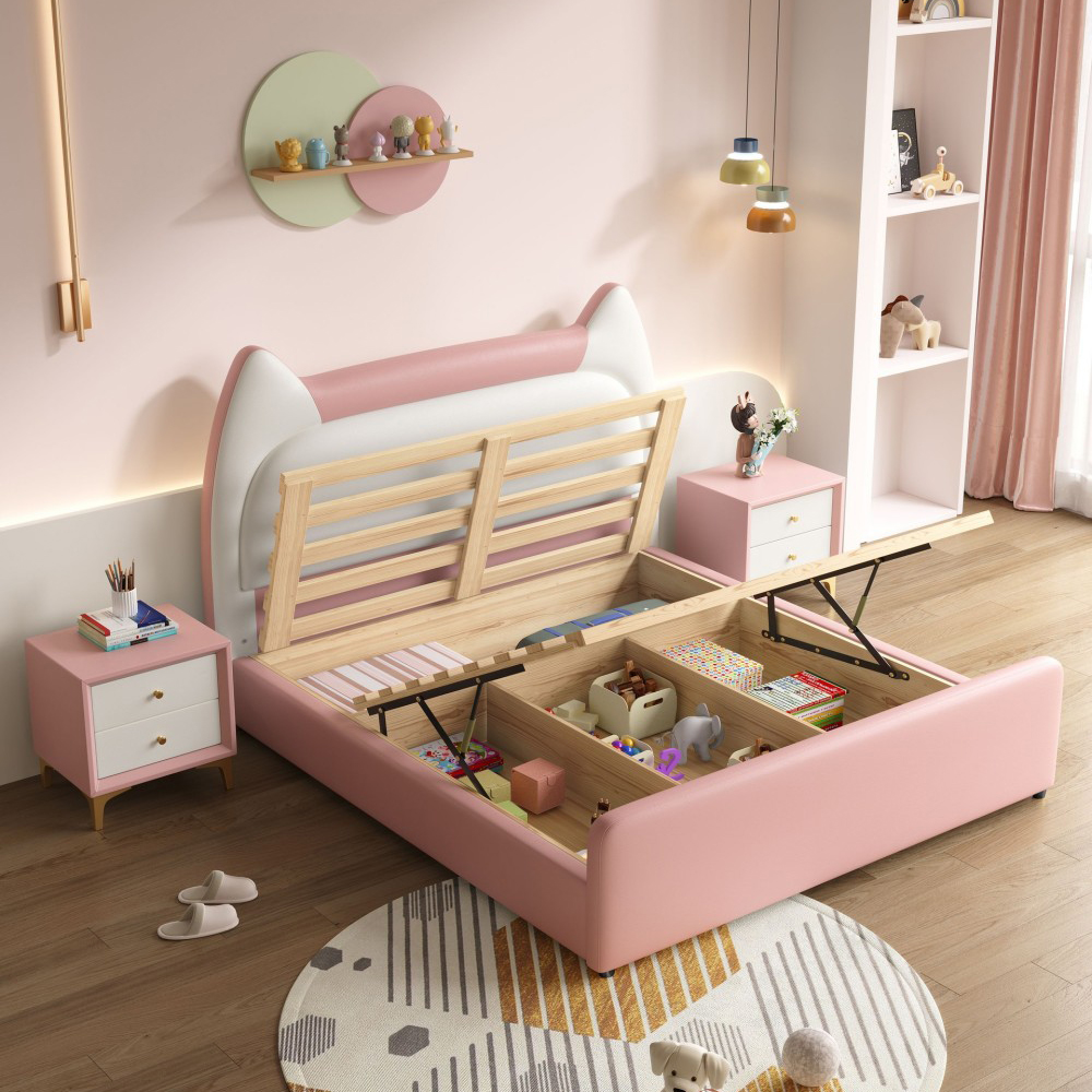 Girls’ 1.5m/1.8m Genuine Leather Bed – Double “Cat-Ear” Pr...