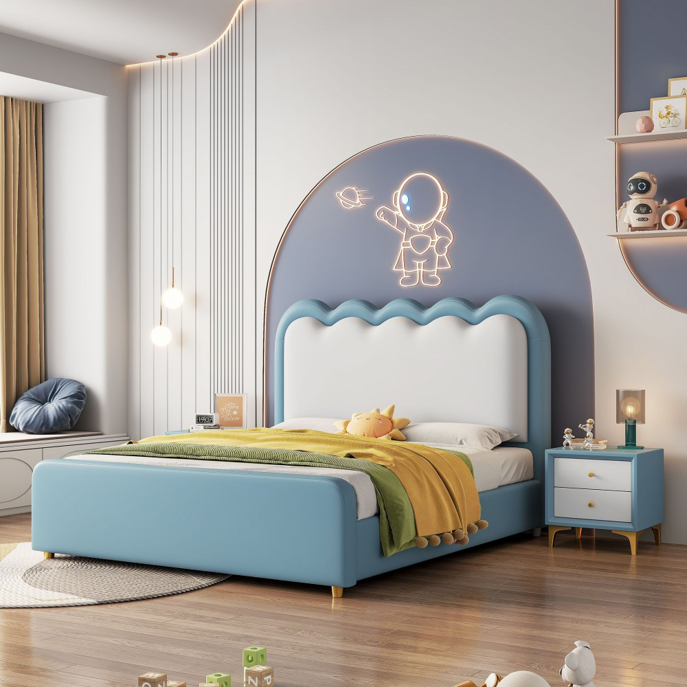 Cream-Style Ripple-Design Genuine Leather Bed – Modern Minimalist Upholstere...
