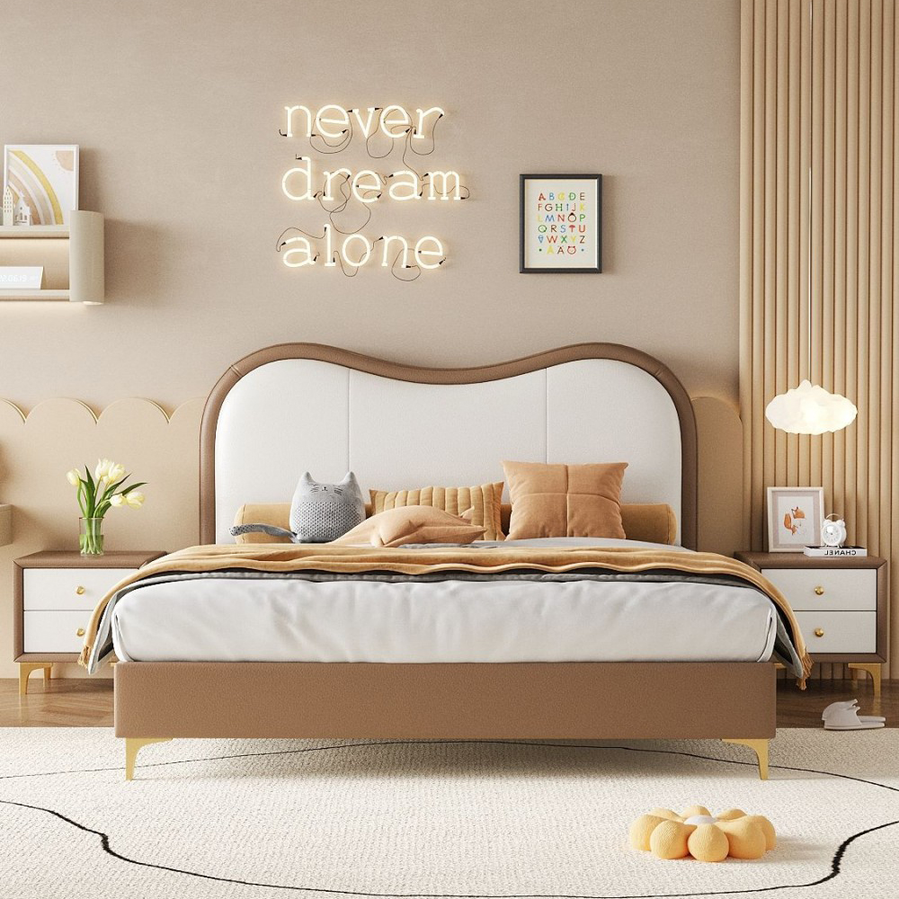French Cream-Style Leather Bed – Modern Minimalist Upholstered Bed for Child...