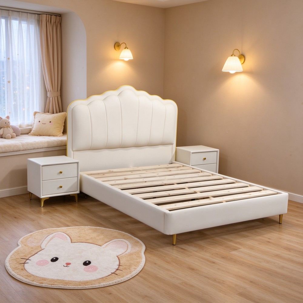 Cream-style “petal” upholstered bed—a modern, minimalist princess-style bed for girls, featuring soft paddin...