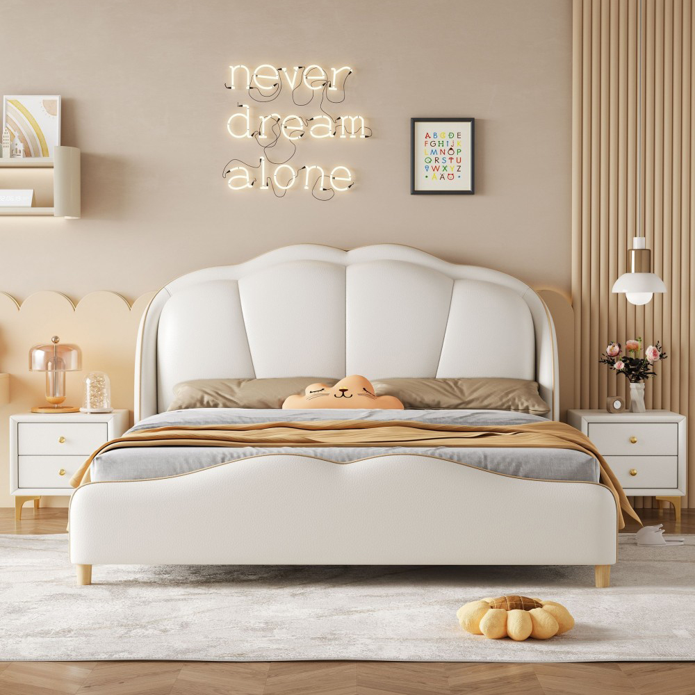 Single bed for children’s bedrooms—a minimalist, modern, “cream-style” petal-shaped princess bed suita...