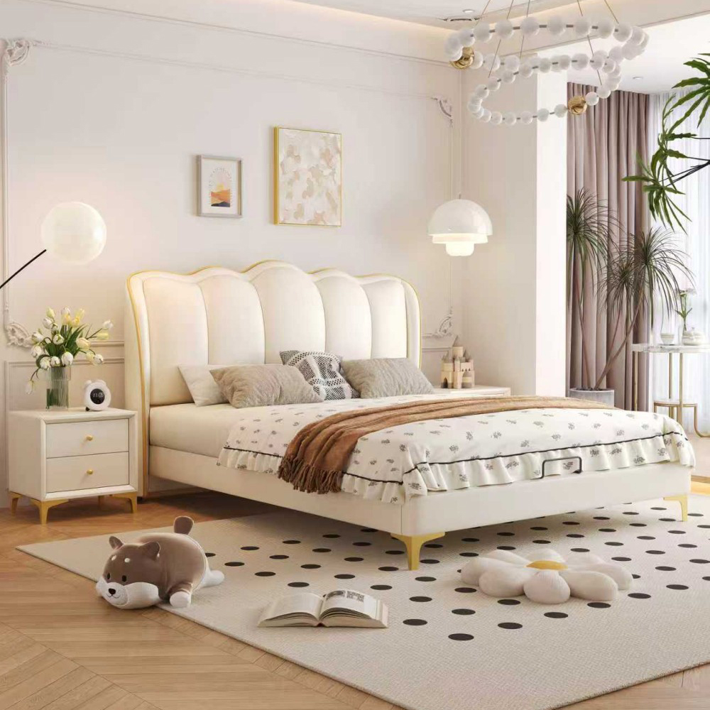Cream-Style French-Inspired Petal-Shaped Upholstered Bed – Solid Wood Bed fo...