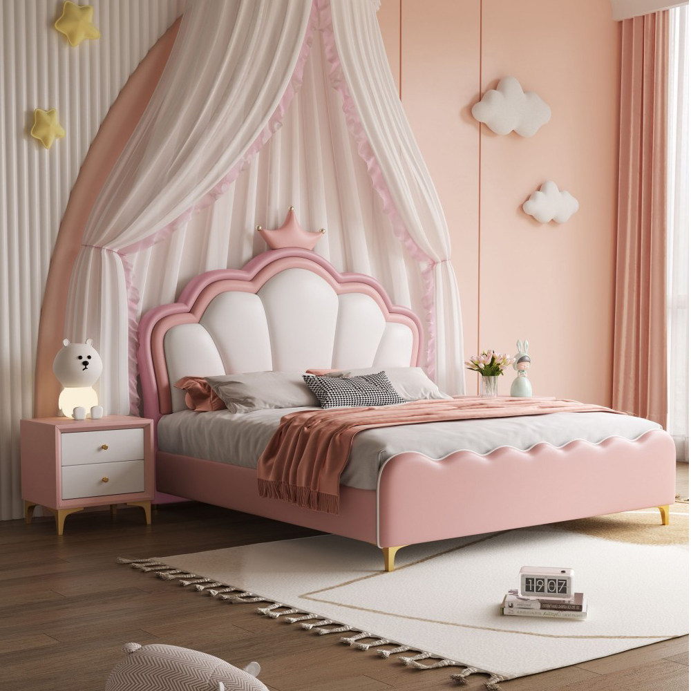Modern Minimalist Pink Crown-Themed Princess Bed for Kids – Compact, Luxurio...