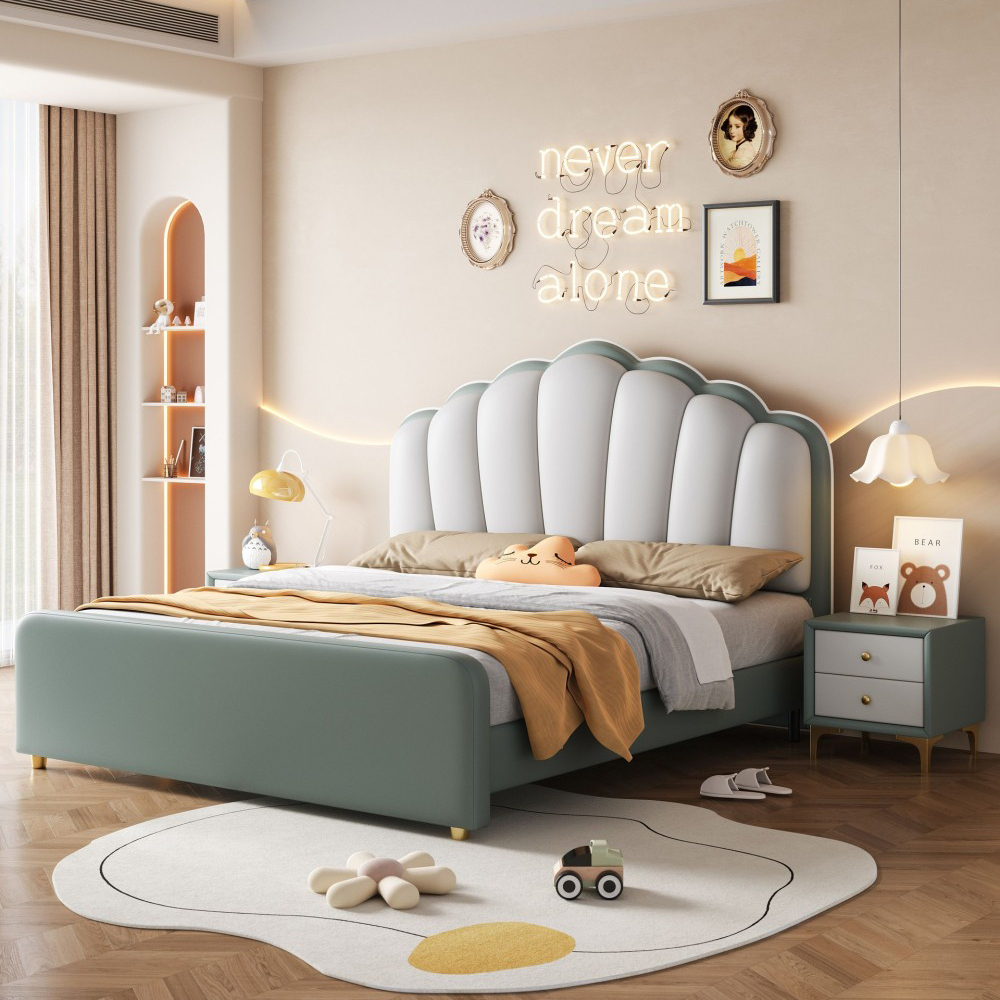 Cream-Style Shell-Design Genuine Leather Bed – Modern Minimalist Upholstered...