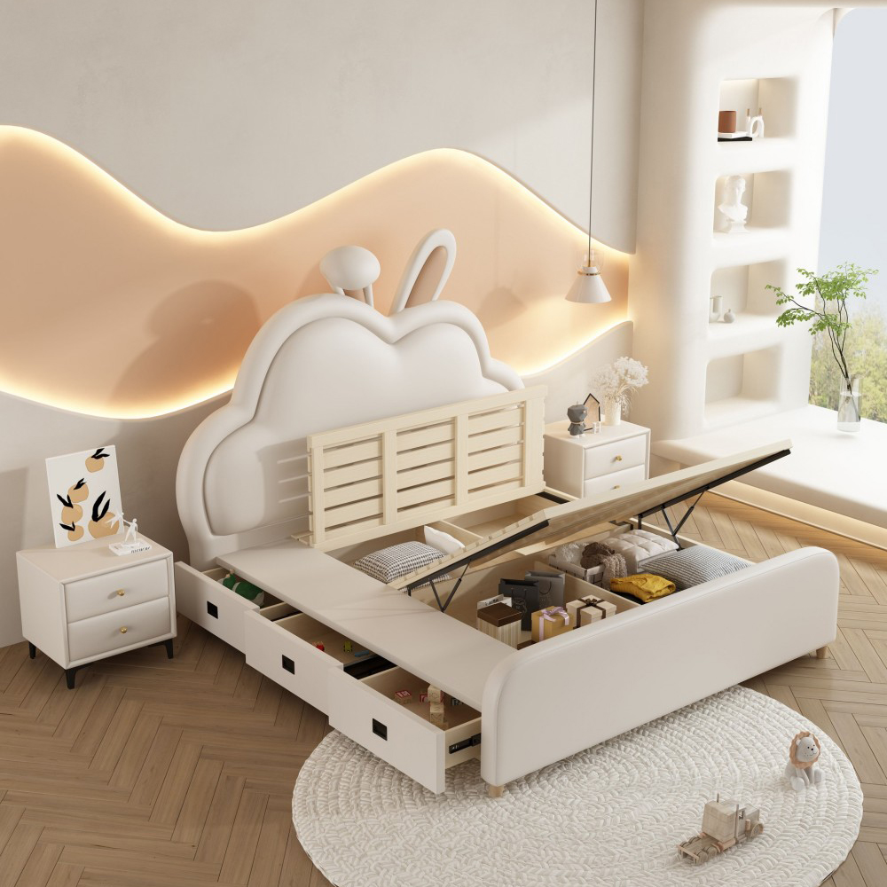 Cartoon Rabbit & Cloud-Themed Princess Bed for Kids – 1.5m Cream-Style U...
