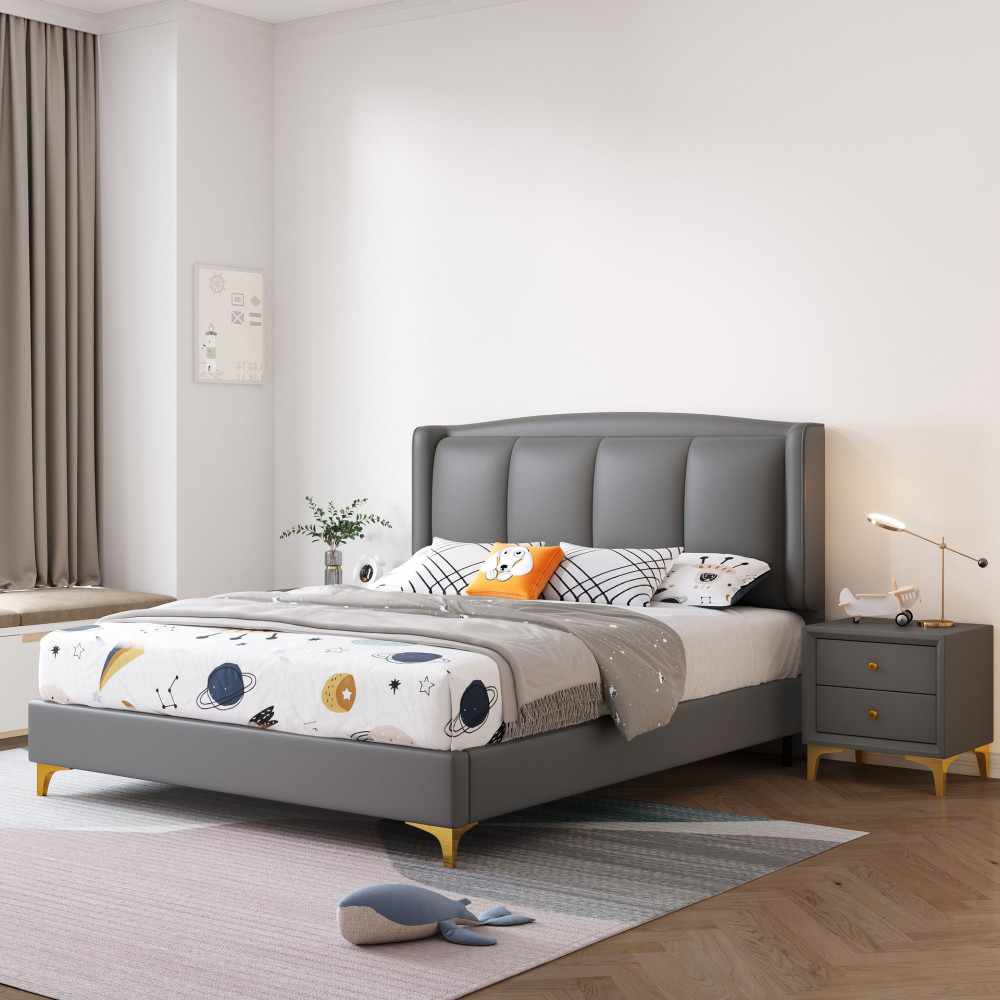 Minimalist modern upholstered bed for boys—1.5m leather bed, perfect for chi...