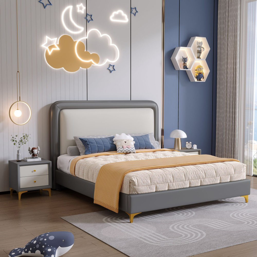 Upholstered Leather Bed for Kids/Teens – Modern Minimalist Single Bed with S...