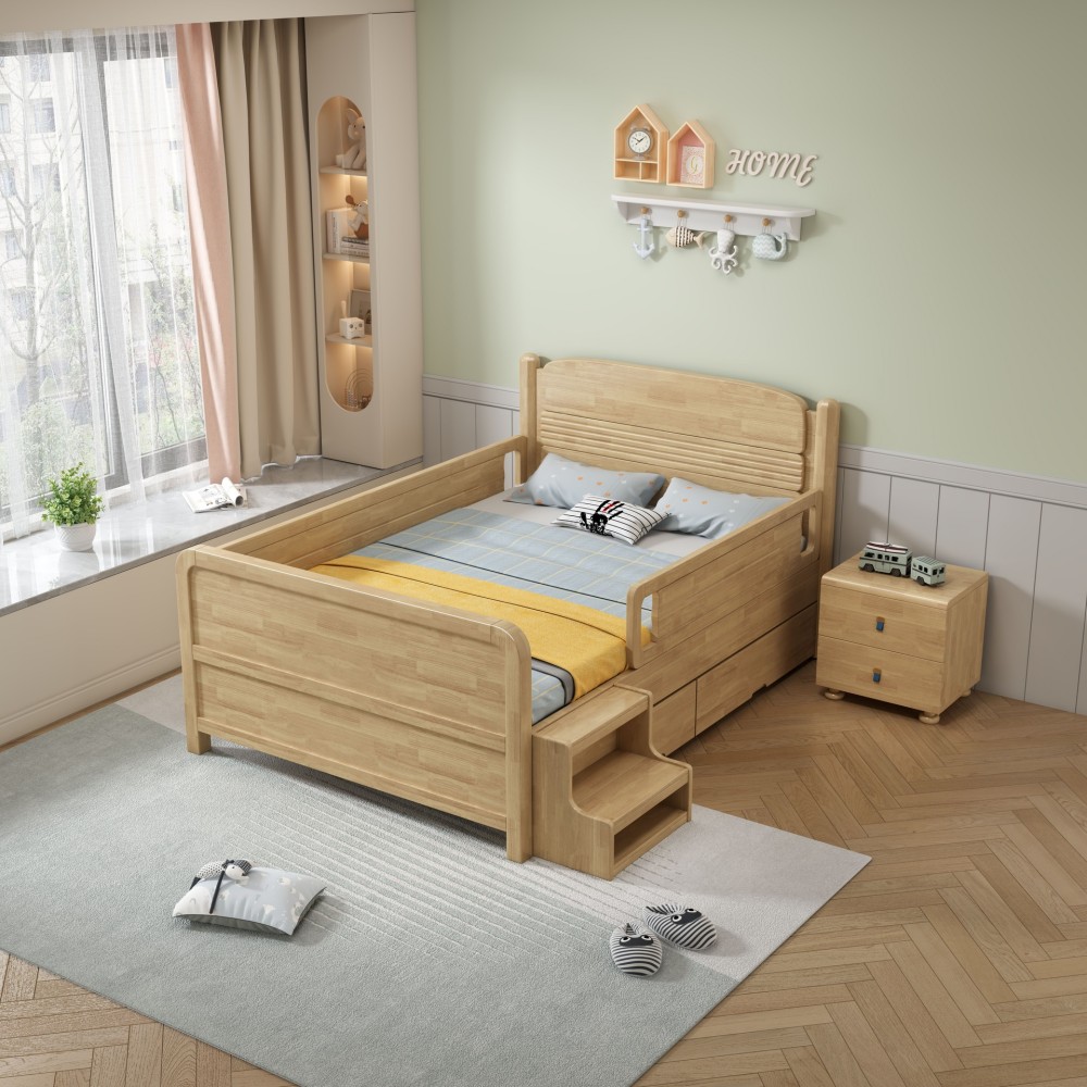 Modern Minimalist Solid Wood Single Bed for Children with Safety Rail (Availab...