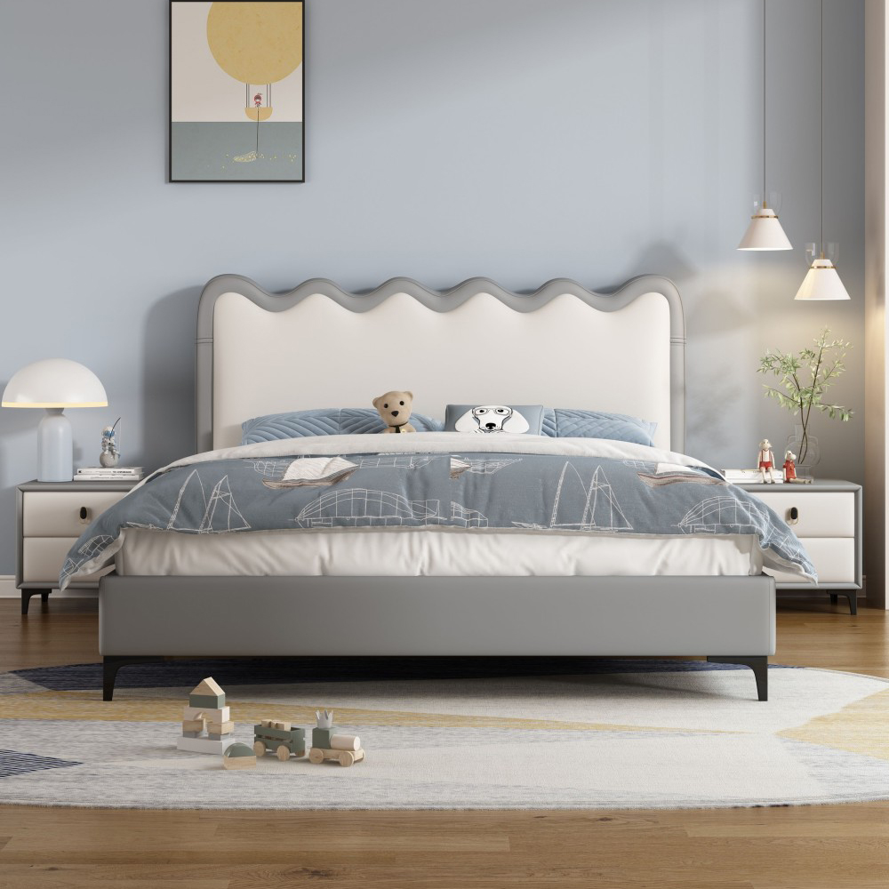 Cream-Style Children’s Bed with Wavy Design – Genuine Leather, Hydraulic S...