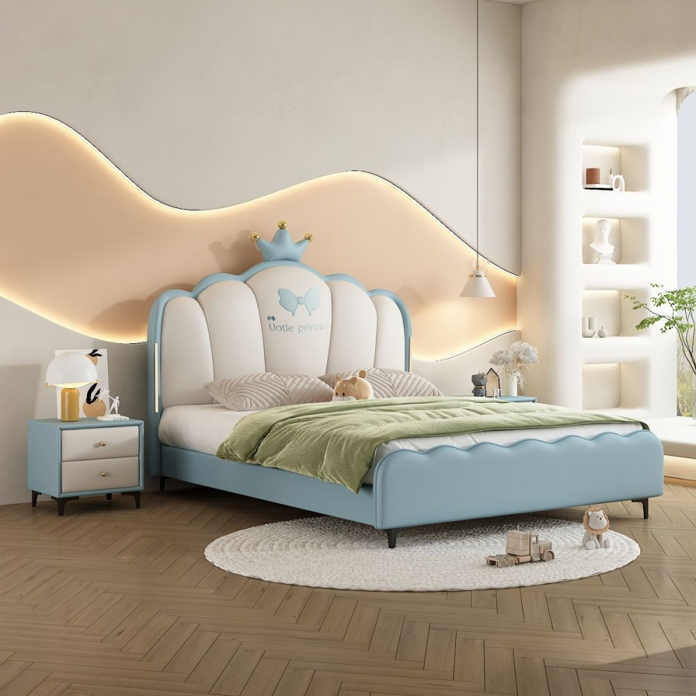 Dreamy Crown Princess Bed for Girls – 1.5m Upholstered Bed with Built-in Lig...