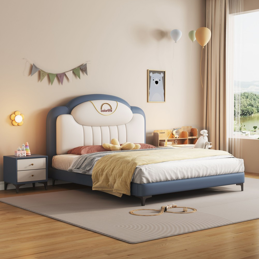 Modern minimalist upholstered leather bed for children (boys/girls)—a 1.5-me...