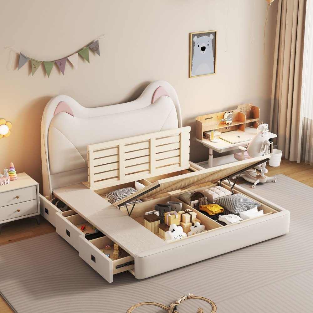 Cream-style, playful children’s bed with cat-ear accents—a modern, minimalist, space-saving single bed (1.2m wide) wit...