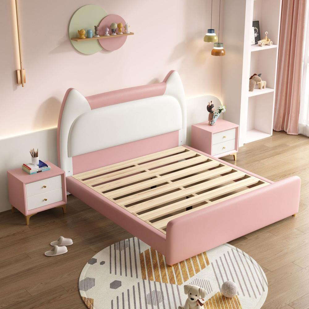 Girls’ 1.5m/1.8m Genuine Leather Bed – Double “Cat-Ear” Pr...
