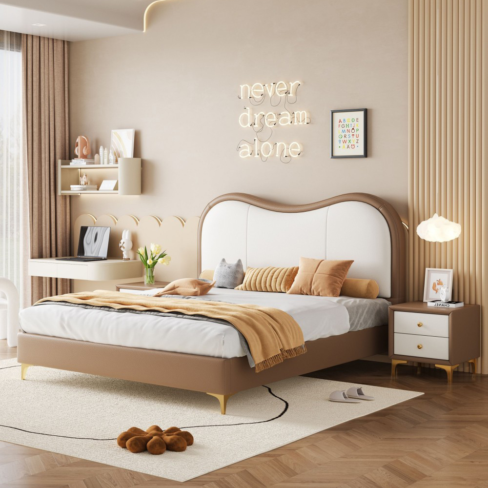 French Cream-Style Leather Bed – Modern Minimalist Upholstered Bed for Child...