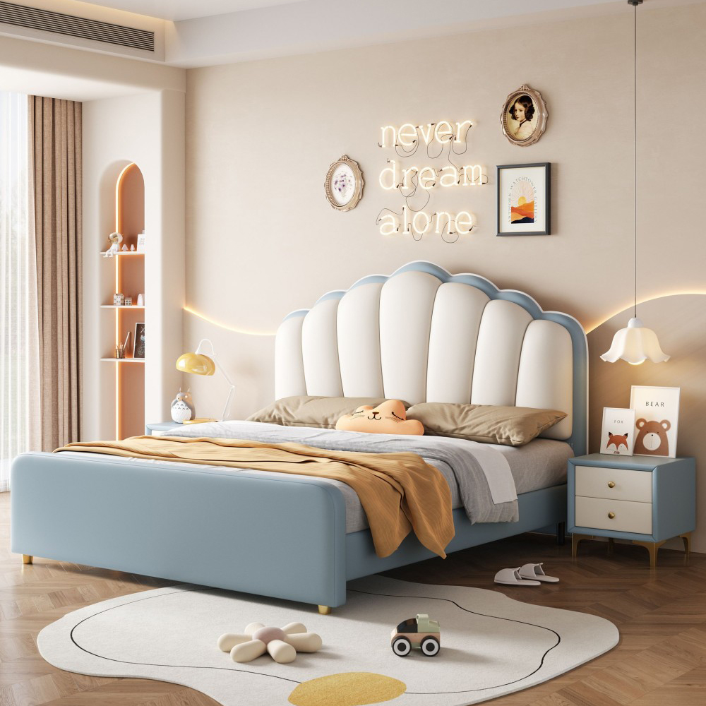 Cream-Style Shell-Design Genuine Leather Bed – Modern Minimalist Upholstered...