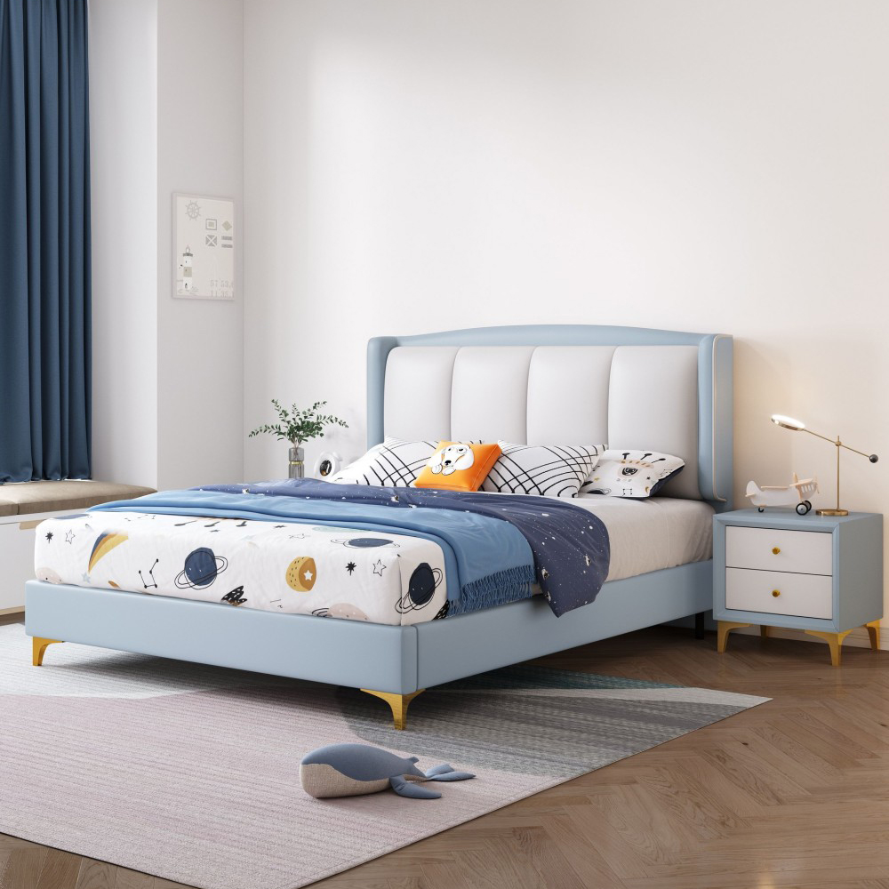 Minimalist modern upholstered bed for boys—1.5m leather bed, perfect for chi...