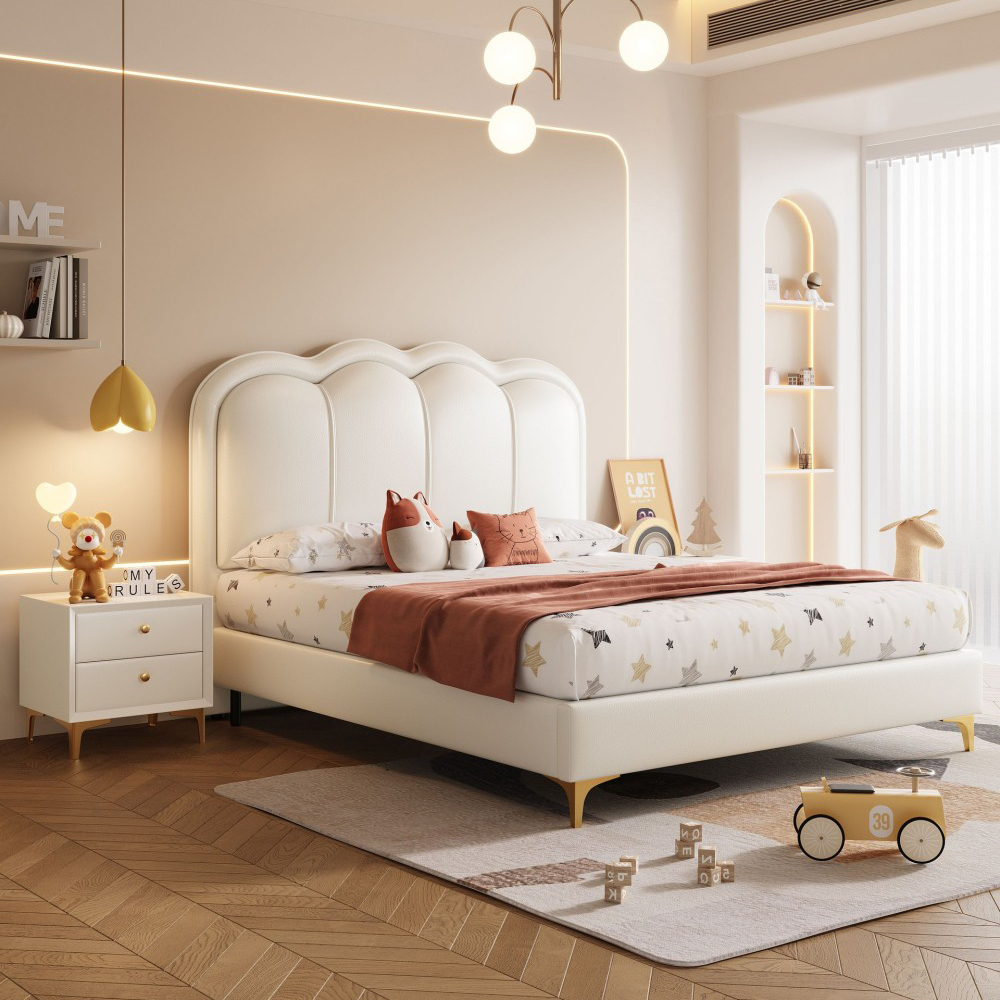 Minimalist Cream-Style Upholstered Bed for Kids – Features a Padded Headrest...
