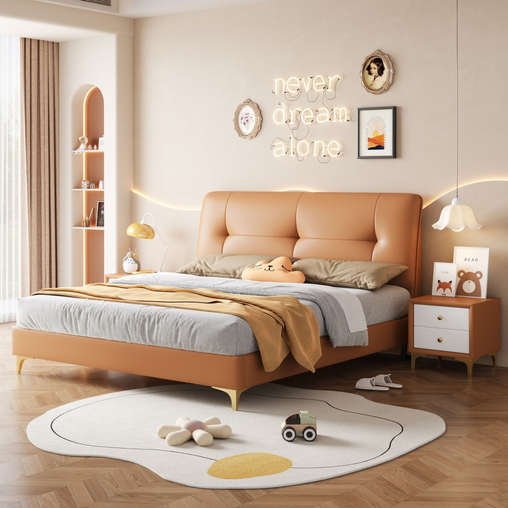 Minimalist 1.5-meter upholstered leather bed for children—perfect for boys o...