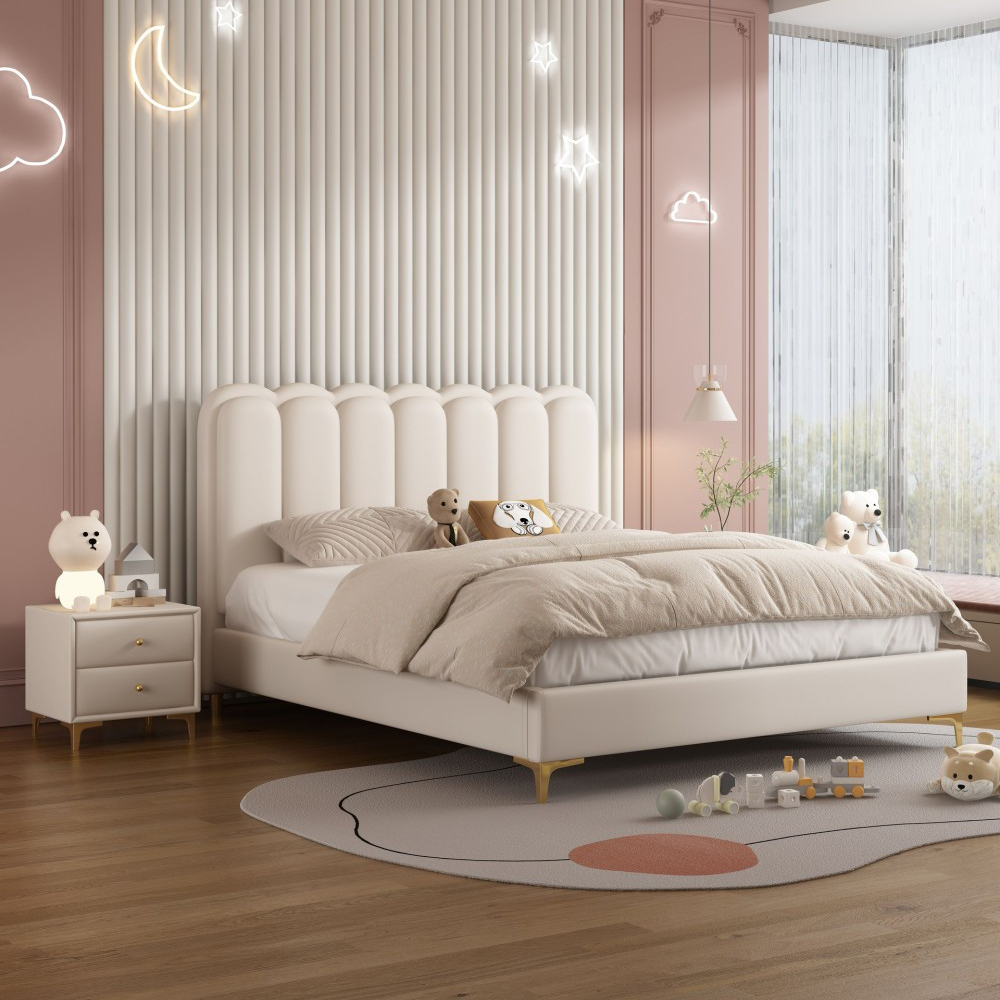 Cream-style children’s bed, modern minimalist wavy-design bed, 1.5-meter...