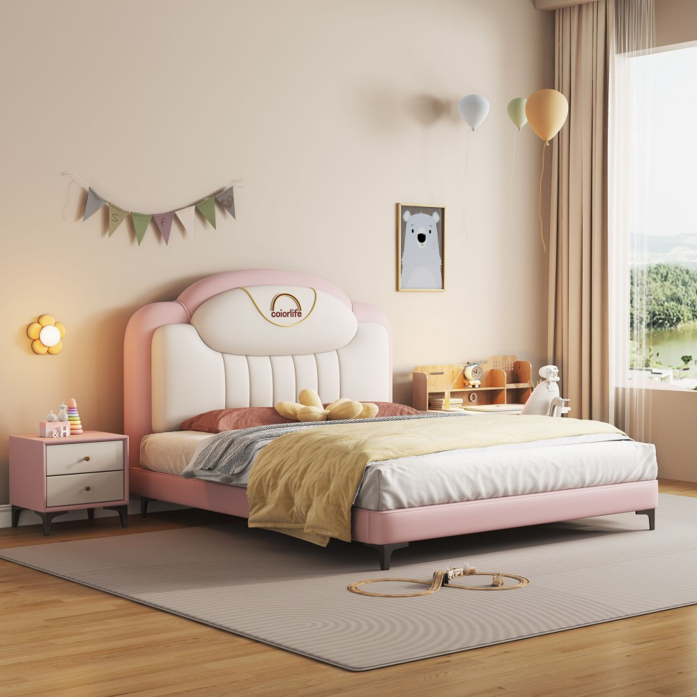 Modern minimalist upholstered leather bed for children (boys/girls)—a 1.5-me...