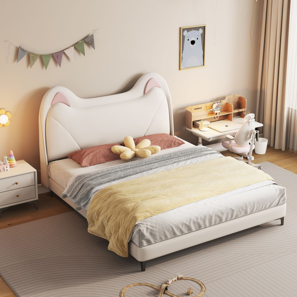 Cream-style, playful children’s bed with cat-ear accents—a modern, minimalist, space-saving single bed (1.2m wide) wit...