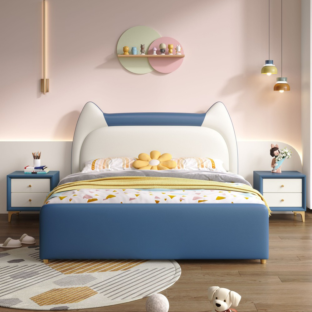 Girls’ 1.5m/1.8m Genuine Leather Bed – Double “Cat-Ear” Pr...