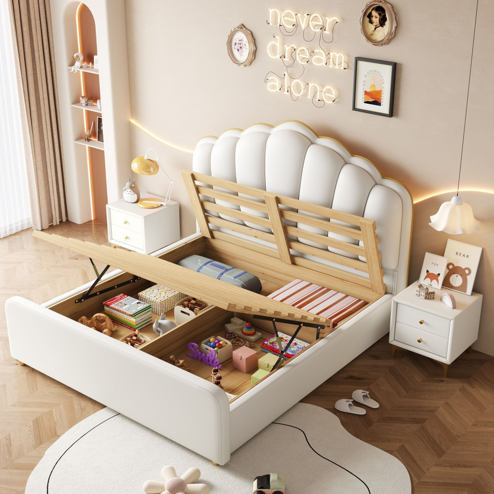 Cream-Style Shell-Design Genuine Leather Bed – Modern Minimalist Upholstered...