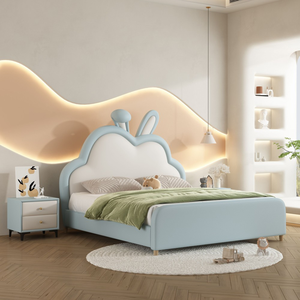 Cartoon Rabbit & Cloud-Themed Princess Bed for Kids – 1.5m Cream-Style U...
