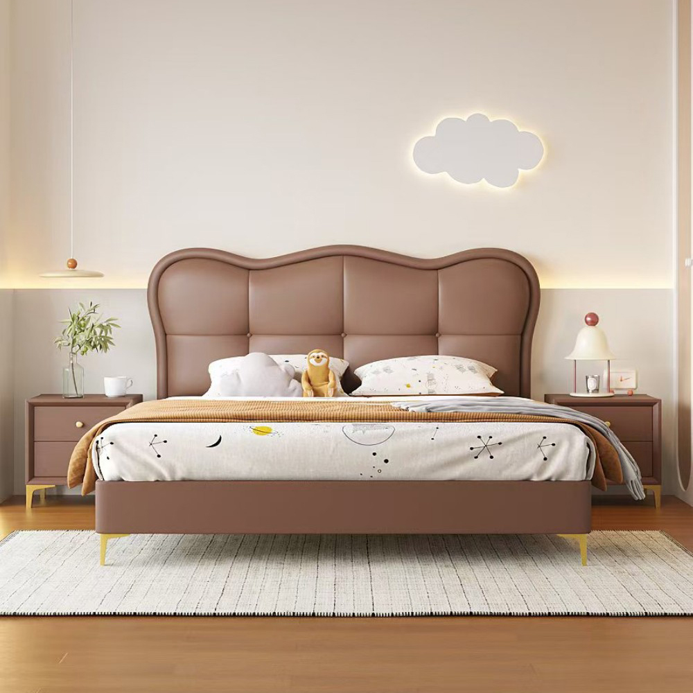 Cream-style upholstered bed for children—available in 1.2m, 1.5m (with drawe...