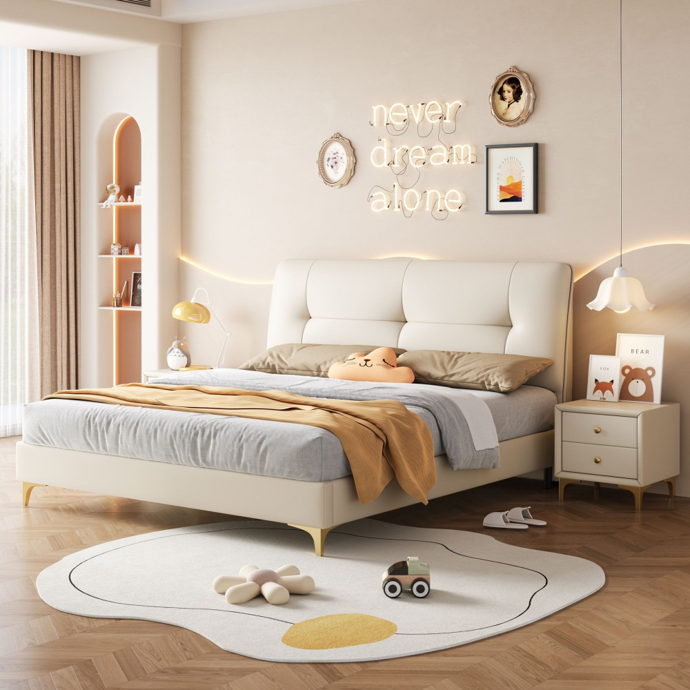 Minimalist 1.5-meter upholstered leather bed for children—perfect for boys o...