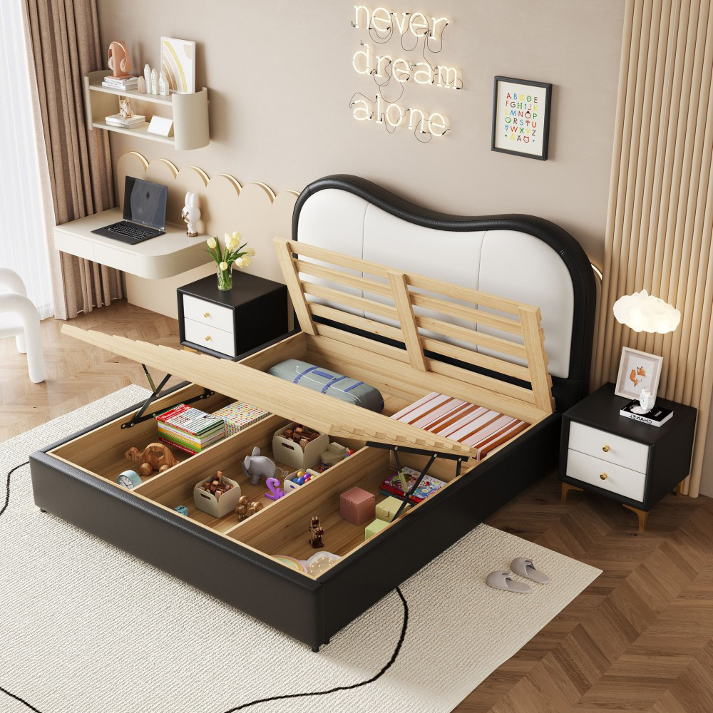 French Cream-Style Leather Bed – Modern Minimalist Upholstered Bed for Child...